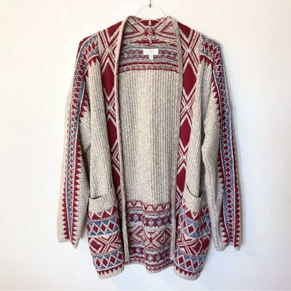 Lucky Brand Boho Southwest Geo Print Open Cardigan - Tan/Red/Blue - L - Picture 1 of 9